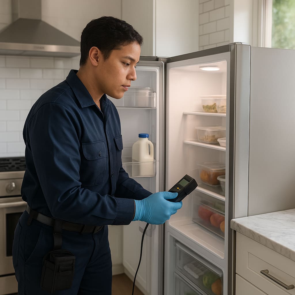 Techniker inspiziert offenen Kühlschrank in moderner Küche