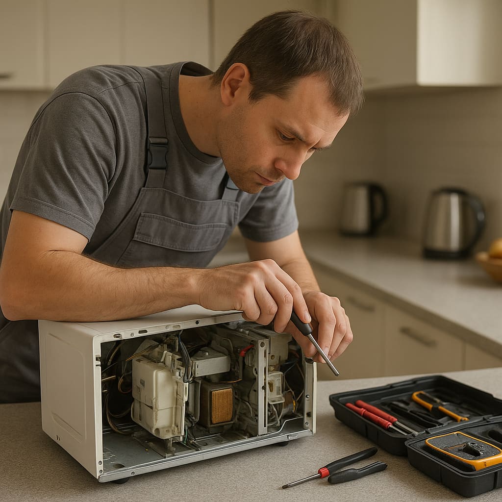 Techniker repariert Mikrowelle